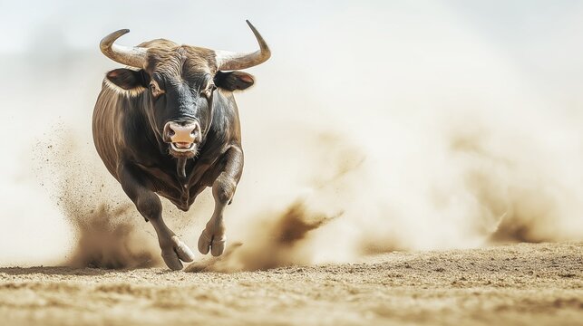 Magnificent Bull Running in Dusty Arena with Untamed Spirit and Powerful Presence, Captivating Audience with Awe and Excitement