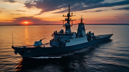 Fototapeta premium Silhouetted naval warship at sunset on calm sea, serene maritime scene with peaceful ocean view