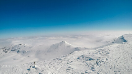Panoramic view of ski resort Koralpe in Lavanttal, Carinthia Styria, Austria. Winter wonderland in...
