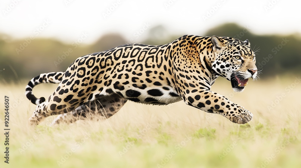 Wall mural a jaguar running in the middle of the grass field at full speed with an open mouth showing teeth and