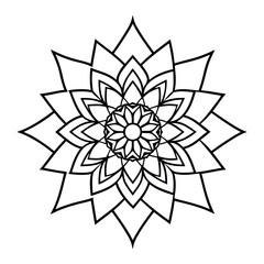 Obraz premium Black Indian mandala on white background. Decorative flower drawing for meditation coloring book. Ethnic floral design element, round hand drawn illustration, line art.