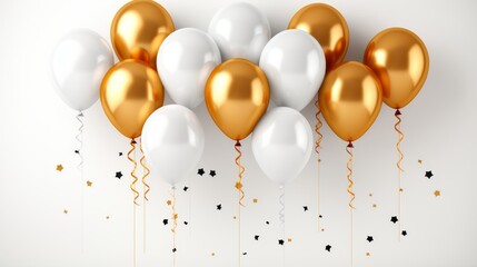 Chic gold and white balloons with confetti in a stylish and festive party setting