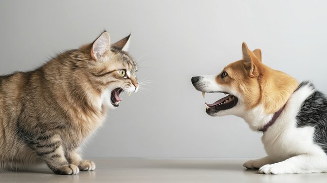 Cat and dog are looking at each other with angry face. Isolated on white background. Concept of enemity between cat and dog.