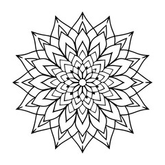 Obraz premium Black Indian mandala on white background. Decorative flower drawing for meditation coloring book. Ethnic floral design element, round hand drawn illustration, line art.