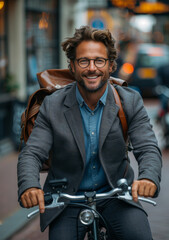 Fototapeta premium Man in a suit riding a bicycle through a busy urban street. A smiling man dressed in a suit rides his bicycle with a backpack in a lively city setting.