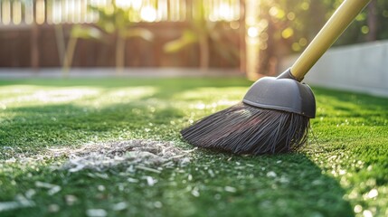 Black push broom sweeping up freshly cut grass clippings on a beautifully manicured and verdant lawn under the warm and radiant sun.