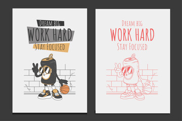 retro poster with a cartoon character mascot of a canned drink, vector illustration