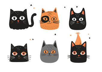 Obraz premium Cute cartoon set of cat heads illustration