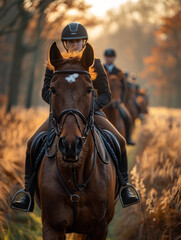 Obraz premium Equestrian riders on horseback during autumn sunset in a forest. A group of riders on horseback travels through a golden, sunlit forest.