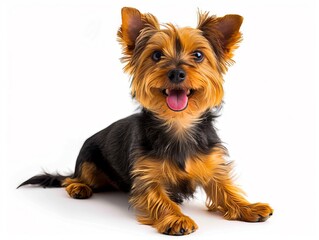 A small brown and black dog laying down on a white background
