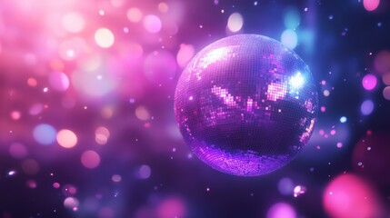 Naklejka premium Disco Ball Glowing in a Colorful Purple and Pink Background