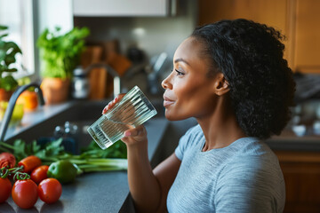 Middle age African-American woman drinking a glass of water, staying hydrated and healthy, copy space © Carmen