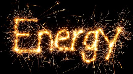 Word "Energy" written with sparklers on a black background, symbolizing vitality and power