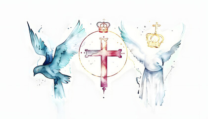 Obraz premium Holy Trinity symbols. Cross, crown and dove of Holy Spirit. Watercolor christian symbols against white background. Vector illustration.