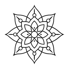 Black Indian mandala on white background. Decorative flower drawing for meditation coloring book. Ethnic floral design element, round hand drawn illustration, line art.