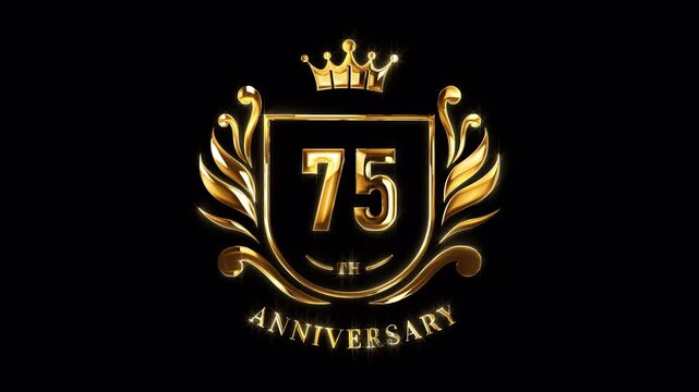 75th Anniversary Celebration. Happy 75 Years Anniversary Animation in Gold Color on the Transparent Background, Alpha Channel. Great for greetings, celebrations, events, and gifts.