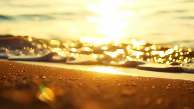 The sun sets over the calm beach, casting golden hues on the sand and shimmering across the water, creating a serene and picturesque moment.