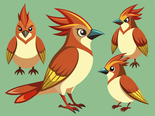 Waxwing Bird Various Poses Sequence Cartoon Vector Character
