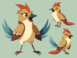 Waxwing Bird Various Poses Sequence Cartoon Vector Character