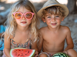 Young children enjoying summer day with watermelon under shade. Two kids smile while holding watermelon slices, wearing stylish sunglasses and hats.