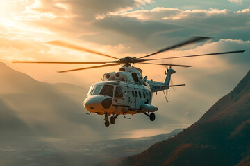 Fototapeta premium A stunning helicopter flight over a mountainous valley at sunset, showcasing dramatic skies and rugged terrain. Captivates the essence of aerial adventure and natural beauty.