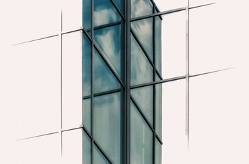 windows of a tall business office building with reflection of sky and clouds on a white background...