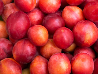 Plum. Close-up of a large number of red plums. A creative take on fruit design.