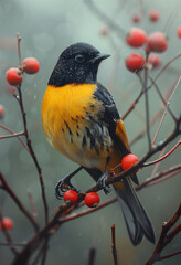 Male bird perched on branches with red berries in light rain. A vibrant yellow and black bird sits on berry-laden branches, enjoying a rainy day.