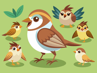 Mignon Oiseau Chipping Sparrow Set Cartoon Vector