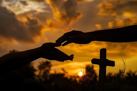 A hand is outstretched symbolizing offer of help to another at sunrise, cross silhouette in the background, power of religion, moment of spiritual connection in nature, banner with copyspace for text.