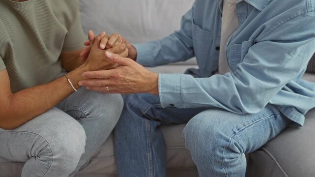 Men talking in a cozy living room, showcasing love and connection through hand gestures and intimate conversation, symbolizing a supportive couple in a home environment.