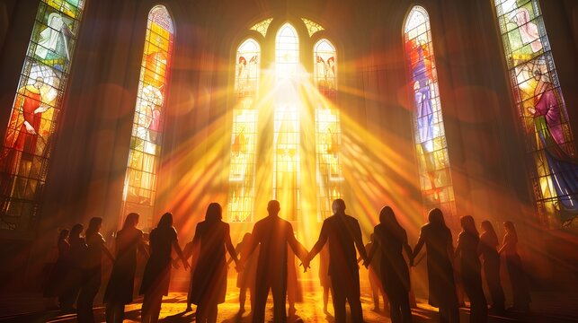 A group of people holding hands in a prayer circle inside a beautifully lit church, sunlight streaming through stained glass windows. The image highlights community, faith, banner with copyspace