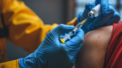 Health care, corona virus, hand of woman nurse, doctor giving syringe vaccine, generated AI