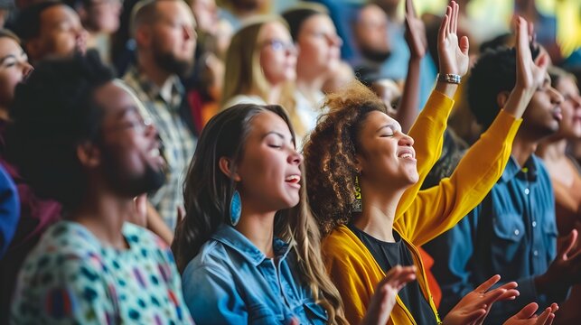 A diverse congregation singing hymns together in a modern church, hands raised in worship. The image celebrates unity, faith, banner with copyspace for text.