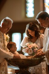 A priest baptizing a baby in a font, parents and godparents standing by, serene church setting with soft lighting. The image captures a sacred moment of faith and tradition, banner with copyspace