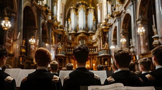 A church choir singing with passion, choir robes and musical sheets, grand church interior with organ pipes in the background. Music, faith, and the joy of worship, banner with copyspace for text.