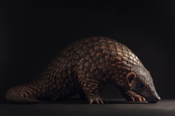 Fototapeta premium Photo of a pangolin isolated against a black background, emphasising the pangolin's majestic features. Wildlife and conservation concept, space for copy.