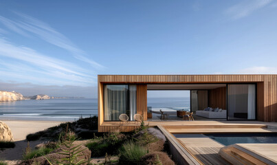 Fototapeta premium Modern Wooden House on the Beach with Sand Dunes and Ocean View
