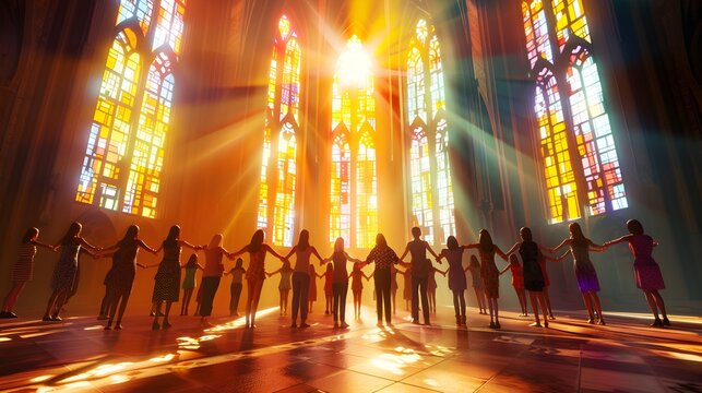 A group of people holding hands in a prayer circle inside a beautifully lit church, sunlight streaming through stained glass windows. The image highlights community, faith, banner with copyspace
