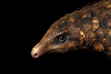 Photo of a pangolin isolated against a black background, emphasising the pangolin's majestic features. Wildlife and conservation concept, space for copy.