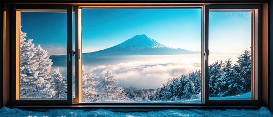 Beautiful Mt.Fuji view at window resort near lake . winter, Travel, Vacation and Holiday