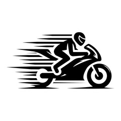 Racing logo, with the symbol for a speeding motorbike, monochrome style, black and white, flat, simple, no gradient