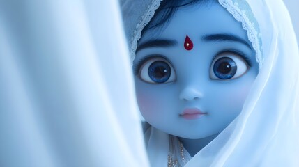 Cute little baby Krishna with blue skin on light background. Birthday of Krishna, eighth avatar of Vishnu. Shree Krishna Janmashtami or Gokulashtami. Indian religious festival