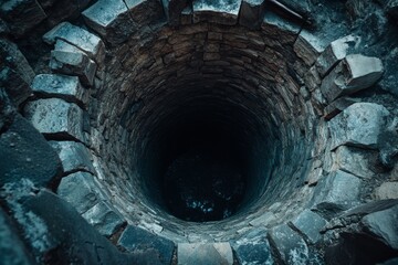A deep, dark well with very sturdy stone walls, creating an aura that evokes a sense of mystery and great depth