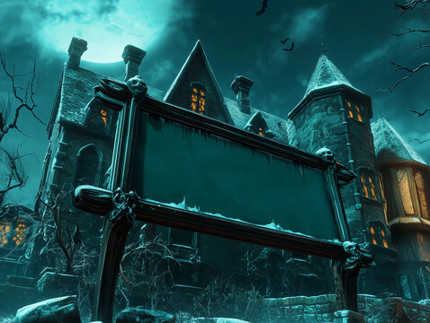 A blank sign in front of a haunted sanitarium covered in snow - a haunted mansion with a sign that serves as a spooky halloween fantasy theme custom message for murder mystery party 