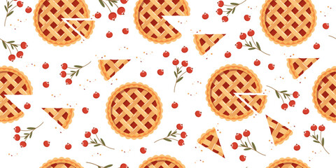 Seamless pattern of whole and pieces of pies with jam and berries on a white background. Food pastry pie background, illustration © Tatiana