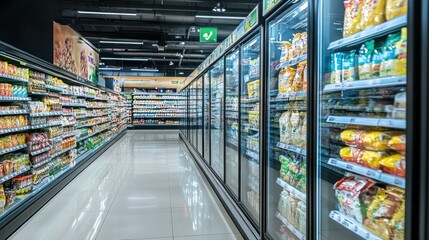 Supermarket Aisle with Refrigerated Goods
