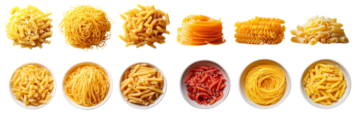 Pasta Variety: A delicious collection of dried pasta shapes, both loose and in bowls, ready to be transformed into a delectable culinary masterpiece.  
