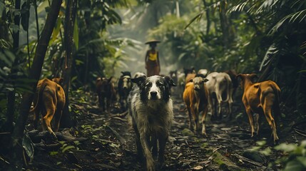 Shepherd dog with a serious expression guiding a herd of cattle through a dense forest its eyes focused and determined with the shepherd woman directing the herd from behind