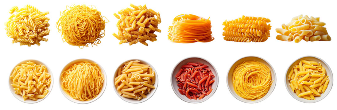 Pasta Variety: A delicious collection of dried pasta shapes, both loose and in bowls, ready to be transformed into a delectable culinary masterpiece.  